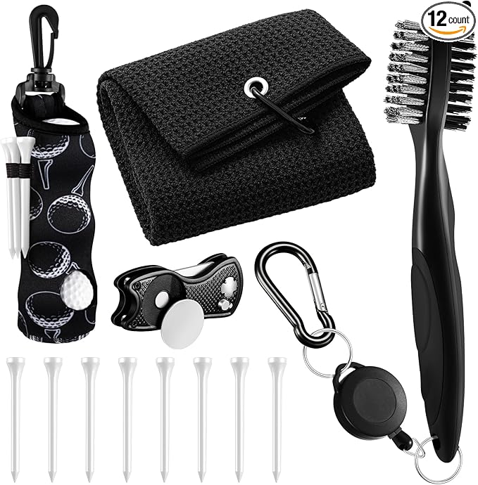 Liliful 12 Pcs Golf Accessories Kit, Include Golf Ball Bag with Hook Towel Tees Magnetic Ball Marker Divot Tool Cleaner Brush for Women Man Gifts