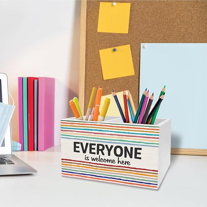 Boho Diversity Inclusion Classroom Decor Pen Pencil Holder for Desk, Everyone is Welcome Here Equality Wooden Box Sign Desk Decor for Classroom School Counselor Office Decoration
