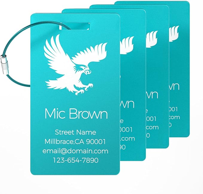 4 Personalized Metal Luggage Tags for Suitcase, Laser Engraved with Text and Logo, Custom Aluminum Name Tags with Stainless Steel Ring, for Travel, Golf Bag, and Baggage (Lake Blue)