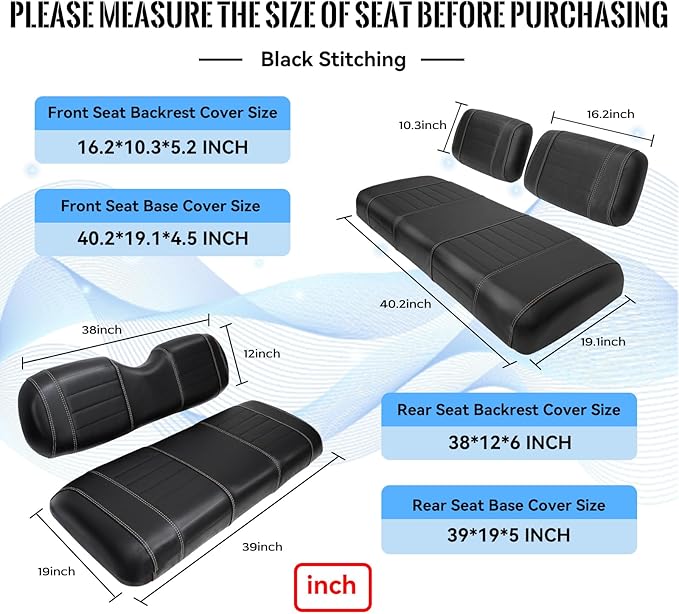 Golf Cart Seat Covers fits Club Car Precedent/DS/EZGO RXV/TXT/Yamaha Front Rear Seat Cushion，Black Leather Custom Stripe Soft Comfortable/Anti-Scratch/Easy to Clean