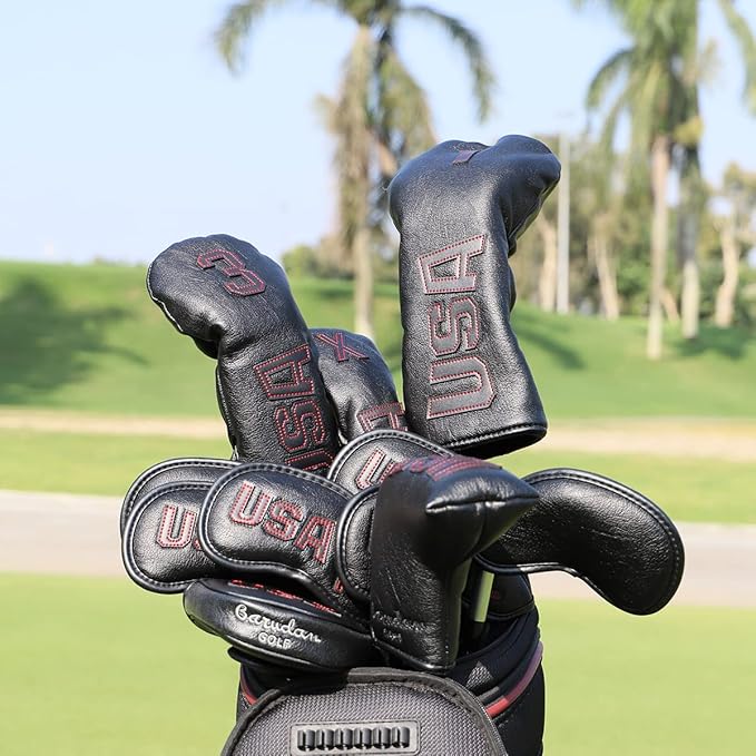 Golf Club Head Covers,USA Golf Driver Headcover Fariway Wood Covers Hybrid Head Covers 3 Wood Headcover Leather Golf Headcover with Number Tag for All Brand