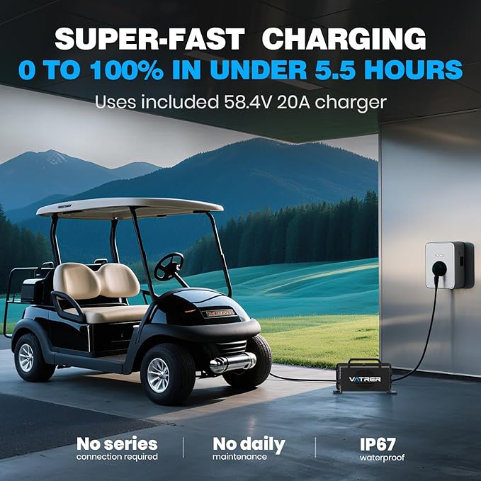 48V 105Ah Mini Lithium Golf Cart Battery, Built-in 200A BMS, with LCD Display & APP, 4000+ Cycles LiFePO4 Battery with 20A Lithium Charger, Max 10.24kW, Perfect for Golf Carts