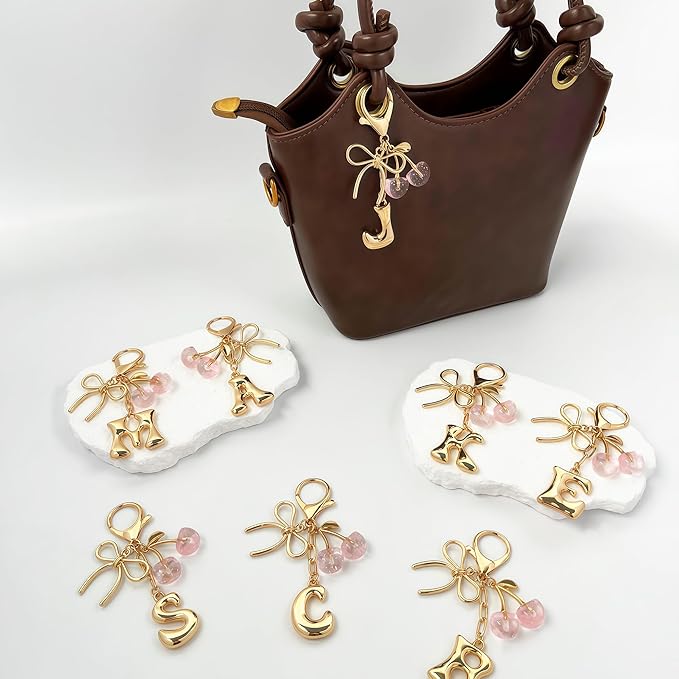 Gold Bubble Heart, Cherry, Bow & More Designs Letter Initial Keychain Bag Charms – Cute Purse Charms for Handbags