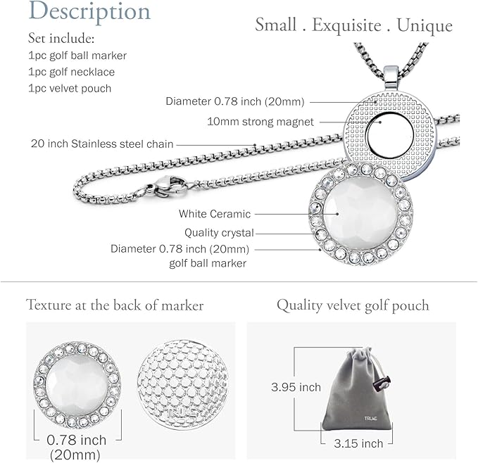 Golf Ball Marker with Ceramic Crystal Ball Marker Necklace (20mm Small Size) Gifts Accessories Women Golfers