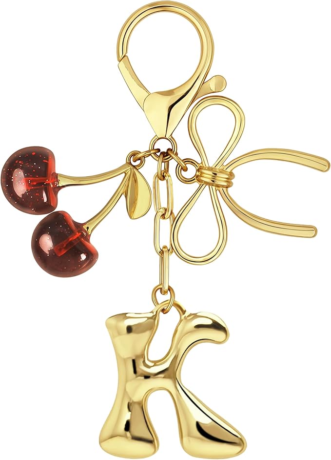 Gold Bubble Heart, Cherry, Bow & More Designs Letter Initial Keychain Bag Charms – Cute Purse Charms for Handbags