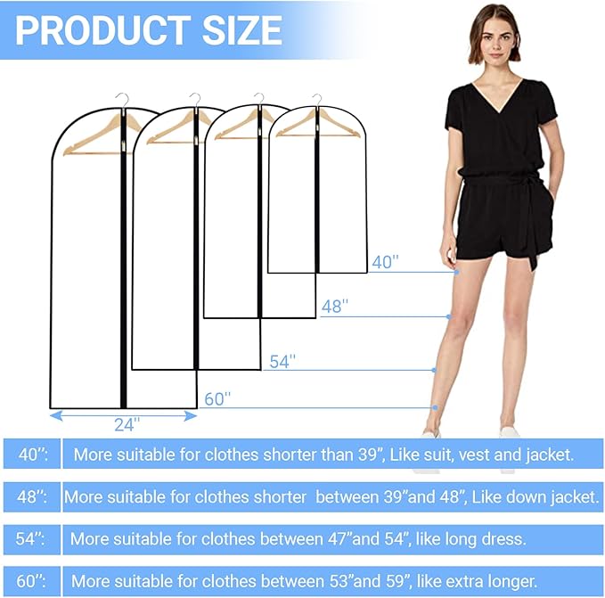 Garment Bags for Hanging Clothes 24'' x 60'' (Set of 12) Coat Covers for Closet Foldable Washable Dress Bags for Hanging Clothes for Long Dress Dance Costumes Suits Gowns Coats