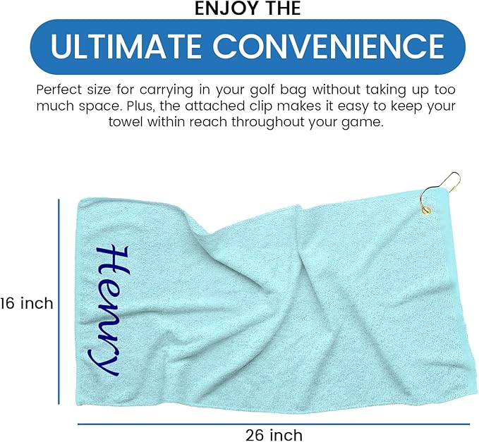 Personalized Passion Golf Towel with Embroidered Name - 16"x26" Custom Golf Towels with Clip - Soft & Highly Absorbent Plush Velour - Easily Wipes Away Sweat and Dirt - Gift for Golfers - Turquoise