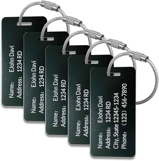 5 Pack Custom Engraved Luggage Tags, 3.8 x 2 inches Waterproof Personalized Luggage Tags, Aluminum Personalized Bag Tags for Suitcases/Backpack/Luggage Accessories [Black]