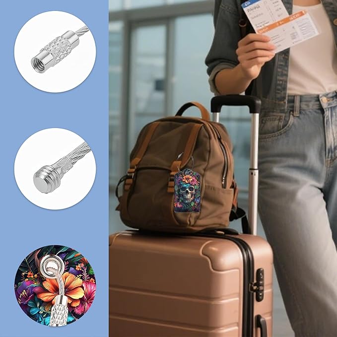 Luggage Tags for Suitcases Durable Leather Luggage Tags Cute Travel Name Tags for Cruise Ships Travel Essentials 3 Pack (Skull Flowers)