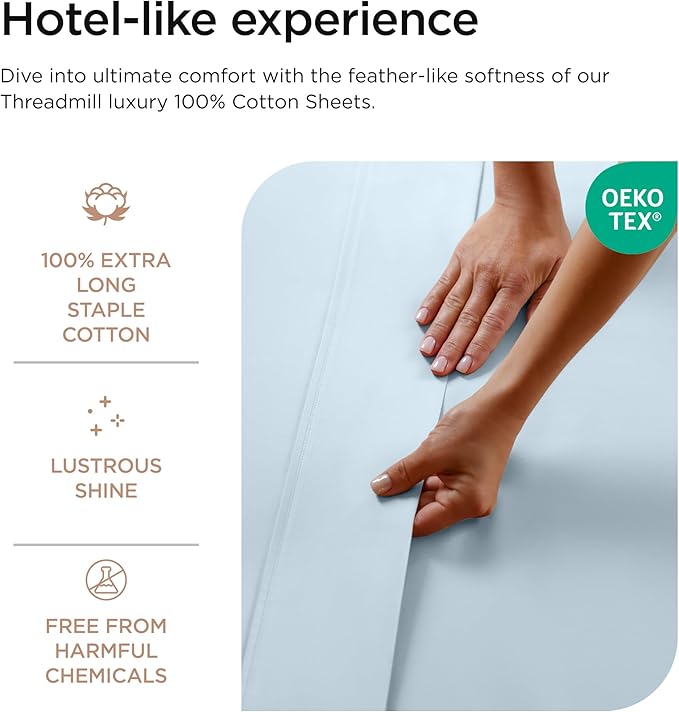 Threadmill Luxury 800 Thread Count 100% Cotton Sheets - Light Blue Sateen Weave Twin Size Bed-Sheets, Better Than Egyptian Cotton,3 Pc Solid Soft Bedding Set, Fits 15" Deep Pocket