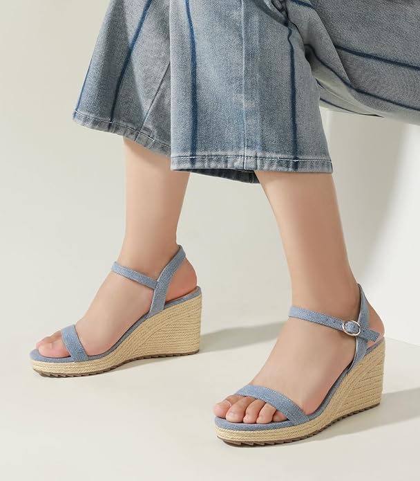 Ankis Platform Wedge Sandals for Women, Black Brown White Nude Espadrille Womens Wedge Sandals Comfortable Open Toe Ankle Strap High Heel Wedges for Women Dressy Summer -3.4Inch