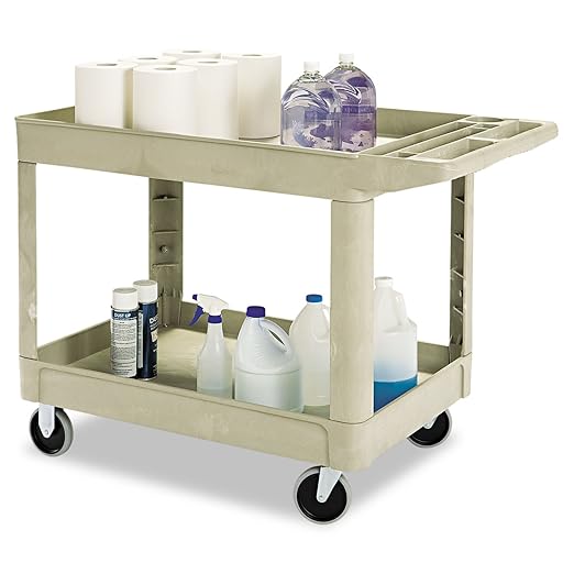 Rubbermaid Commercial Products BRUTE Heavy Duty 2-Shelf Utility/Service Cart, Medium, Lipped Shelves, Ergonomic Handle, 500 lbs. Capacity, Beige, for Warehouse/Garage/Cleaning/Maintenance