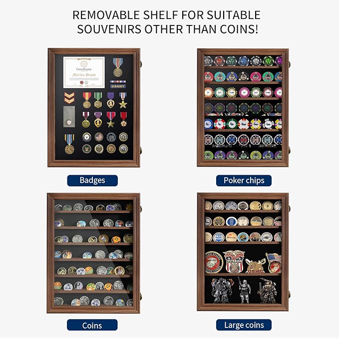 7 Rows Challenge Coin Display Case with HD Tempered Glass - Wall Mountable, Holds 100 Coins, Medal Display Cabinet Military Shadow Box with Removable 2-Groove Shelves, Poker Chips Holder, Rust Brown
