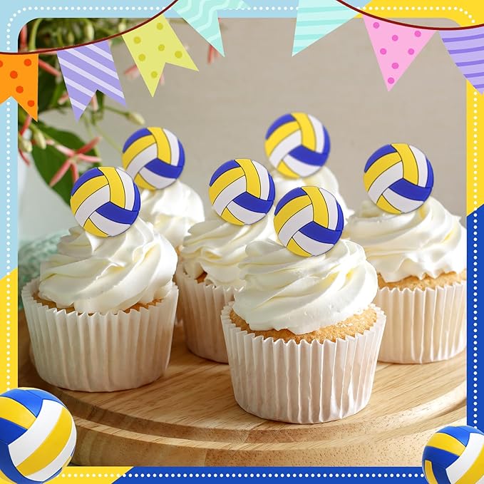 Honeydak 48 Pcs Volleyball Cupcake Rings Toppers Decoration Sport Ball Theme Cake Picks Volleyball Party Decoration Sport Cupcake Toppers for Birthday Party Cake Supplies