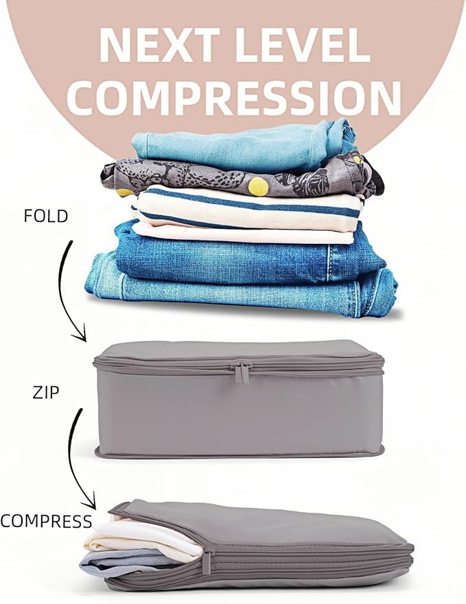 6 Set Compression Packing Cubes for Travel, Large Medium Small Luggage Organizers, Storage Bags for Clothes and Essentials (6 Pack, Misty Silver)