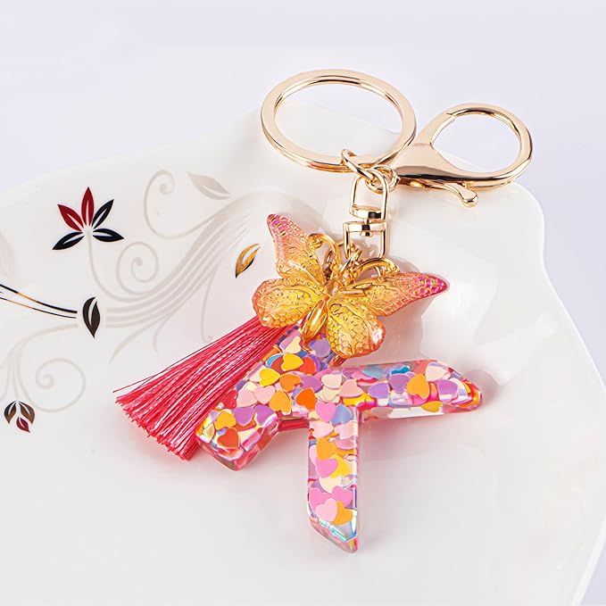 Suweibuke Colourful Cute Initial Letter Keychains for Women Girls with Tassel Butterfly, Charm for Purse Handbags Backpacks