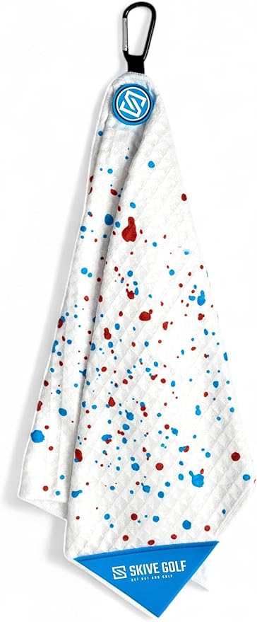 Premium Magnetic Golf Towel | Super Strong Magnet | Absorbent Microfiber Waffle Design | Built-in Silicone Brush | Golf Towels for Golf Bags (Red & Blue Drip)
