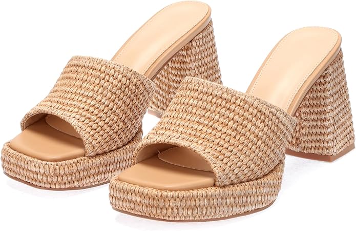 Monrovia Womens Sandals Heels for Women Slide On Block Chunky Platform High Heels Open Toe Raffia Wedge Sandals