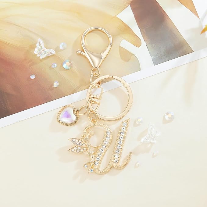 Gold Plated Alphabet Initial Letter Keyring Keychain for Women Girls Crystal Key Chains for Wallet Backpack Bag Charm