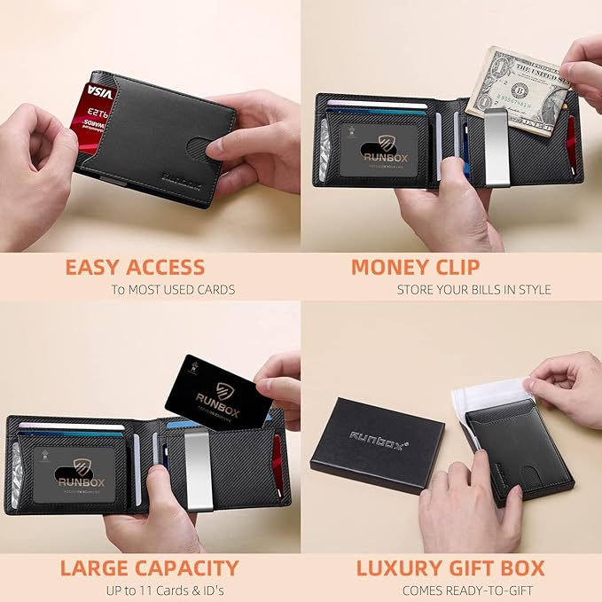 RUNBOX Money Clip Wallets for Men,Slim Leather Mens Bifold Wallet,RFID Blocking Front Pocket Wallet,Thin Credit Card Holder with Gift Box