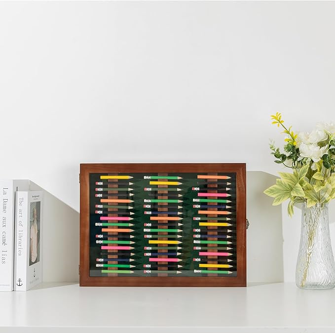Golf Pencil Display Case Holds 51 Round or Octagonal Golf Pencils Wood Wall Mount Clear Display Case with Acrylic Dust UV Cover