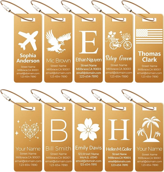 10 Personalized Metal Luggage Tags, Custom Suitcase Aluminum Name Tags with Steel Ring, Laser Engraved Name and Logo, for Travel, Backpack, Baggage, Golf Bag (Golden)