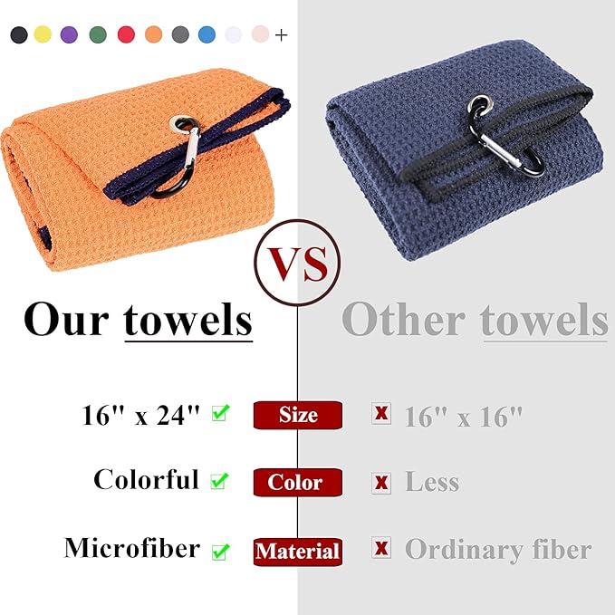VIVIDLY 2 Pack Tri-fold Golf Towels, Premium Microfiber Fabric Waffle Pattern with Black Heavy Duty Carabiner Clip, Orange Golf Towels for Golf Bags for Men (Orange)
