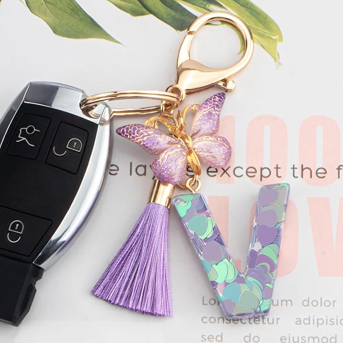 Suweibuke Colourful Cute Initial Letter Keychains for Women Girls with Tassel Butterfly, Charm for Purse Handbags Backpacks