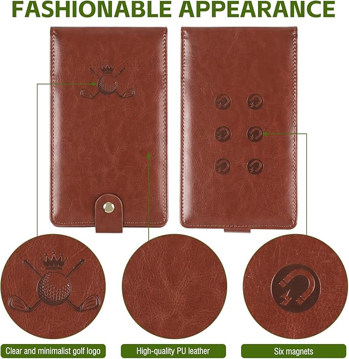 Archerest Magnetic Golf Scorecard Holder, 7.48" x 4.33" Premium Leather Yardage Book Cover Golf with A Pencil and Five Double Sided Printed Scorecards, Golf Accessories and Scorecard Book