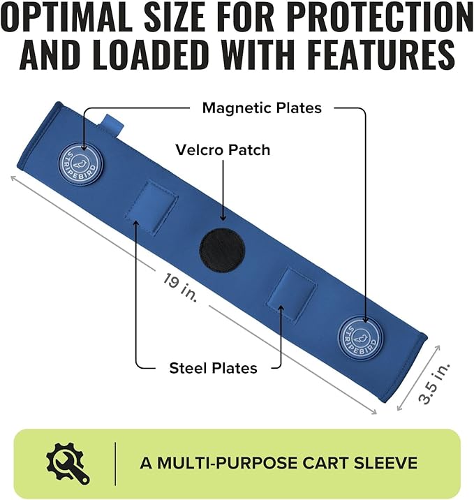 Stripebird - Premium Golf Cart Strap Sleeve Protector - Save Your Golf Bag from Golf Cart Straps - Includes Magnetic and Steel Plate for Magnetic Golf Accessories