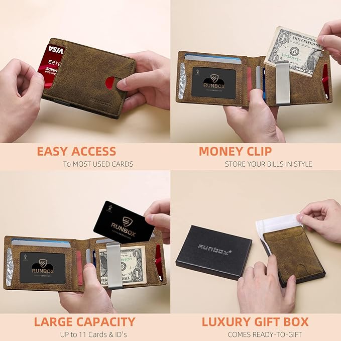 RUNBOX Money Clip Wallets for Men,Slim Leather Mens Bifold Wallet,RFID Blocking Front Pocket Wallet,Thin Credit Card Holder with Gift Box