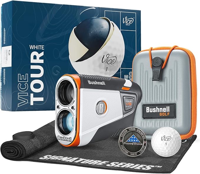 Bushnell Golf Tour V6 Shift Laser Rangefinder with Vice Balls | Slope Compensation, PinSeeker, Magnetic Mount, 1300 YD Range, 6X Magnification | Signature Series Golf Towel