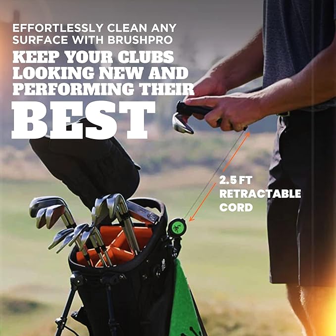 Frogger BrushPro Golf Club Cleaner with Ergonomic Grip and 2.5 ft. Retractable Cord, Sturdy Golf Club Brush and Groove Cleaner for Golfers, Golf Dad