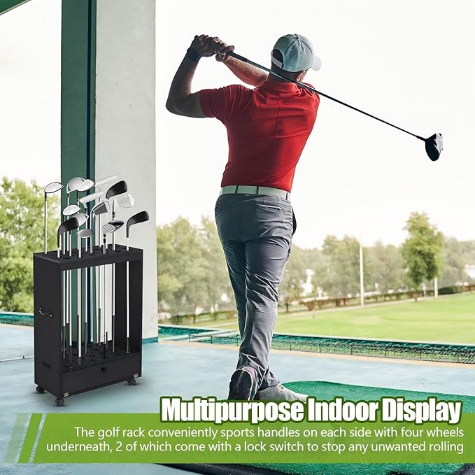 27 Hole Golf Club Stand Holder Wooden Golf Club Organizer Putter Display Rack with Storage Drawer and Wheel for Indoor Home Office Simulator Garage