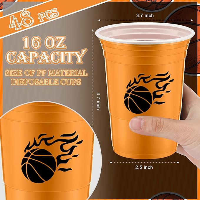 Norme 48 Pcs Basketball Party Supplies - 16 oz Thick Plastic Disposable Cup for Hot/Cold Drinks, Wine, Coffee - Themed Holiday Party Supplies & Favors