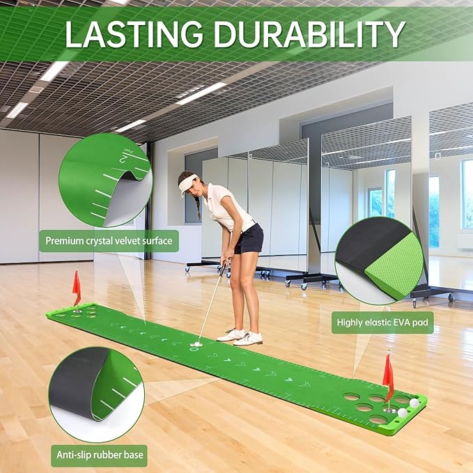 Golf Putting Game Set with Front Border for Indoor & Outdoor,Golf Putting Green Mat Include 4 Balls,1 Portable Bag,2 Flags&Cups,Practice Training Aid for Backyard,Party,Office