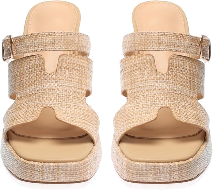 Monrovia Womens Sandals Heels for Women Slide On Block Chunky Platform High Heels Open Toe Raffia Wedge Sandals