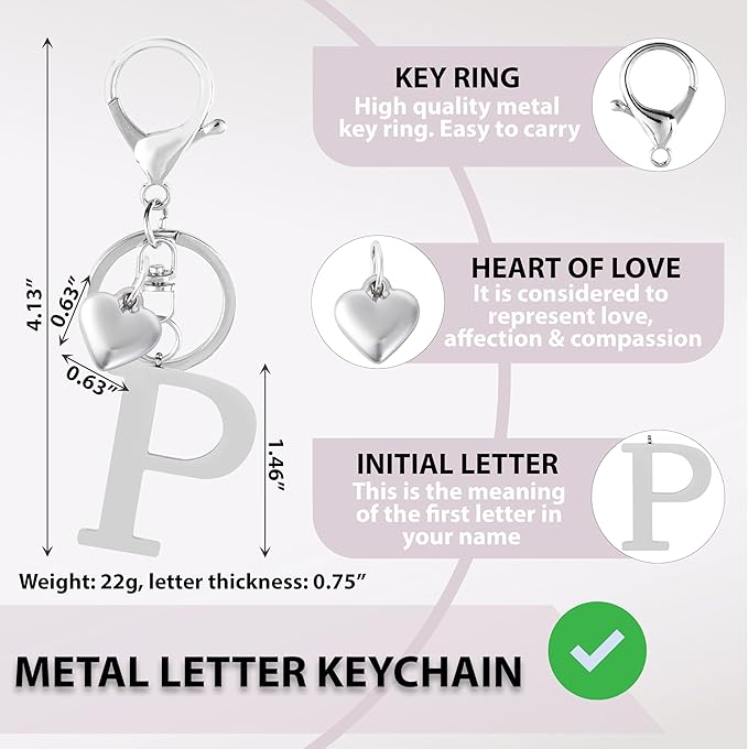 Metal Heart Alphabet Keychain for Women, Girls - Cute Initial Letter Accessories for Purse, Bag Charms and Backpack