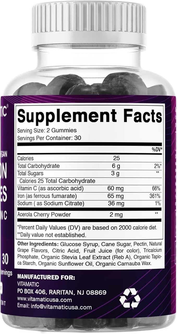 Vitamatic Iron 65 mg Gummies Supplement for Women & Men - 60 Vegan Gummies - Great Tasting Iron Gummy Vitamins with Vitamin C (2)