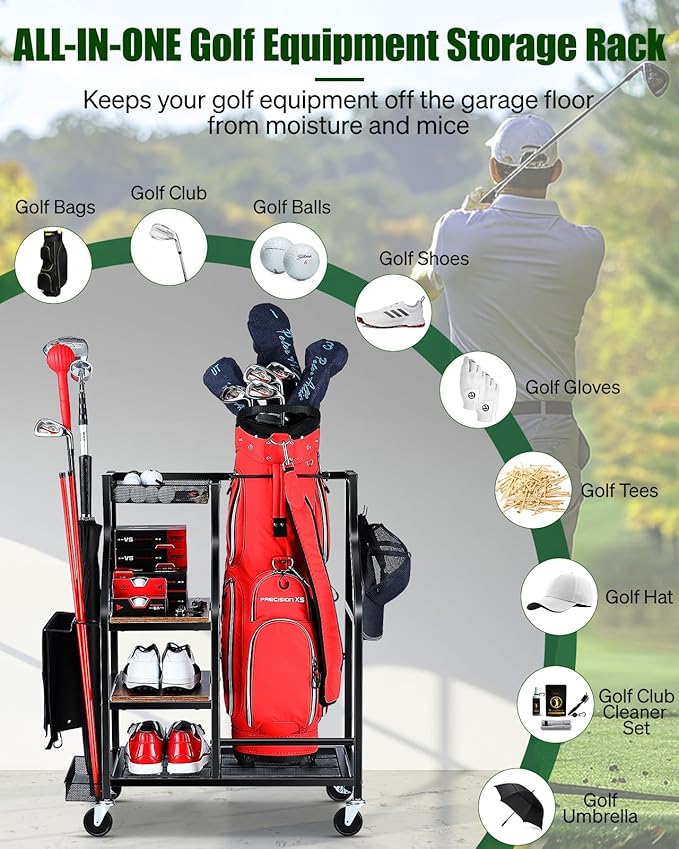 Golf Bags Storage Garage Organizer- Golf Bag Stand for Golf Bags, Clubs, Balls, Golf Equipment Accessories, Golf Bag Storage Rack with Wheels for Garage, Club, Basement