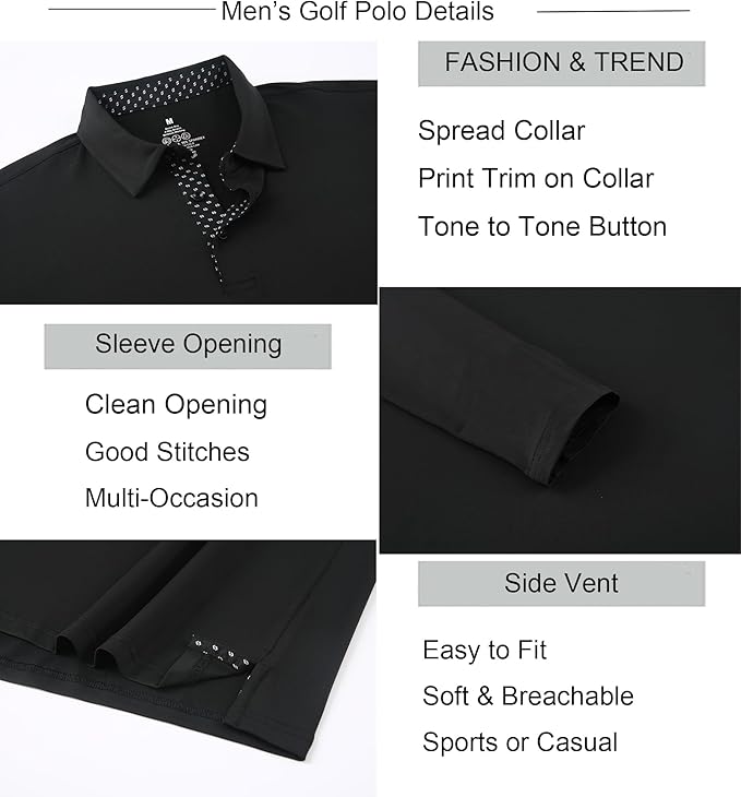 Alex Vando Mens Golf Shirt Moisture Wicking Quick-Dry Solid Long Sleeve Polo Shirts for Men