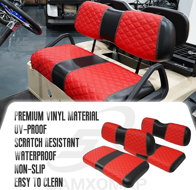 Golf Cart Front and Rear Seat Covers Waterproof and Sun Resistant Marine Grade Vinyl Leather Seat Cover Accessories for Club Car DS 2000.5-up,Red(4PCS)