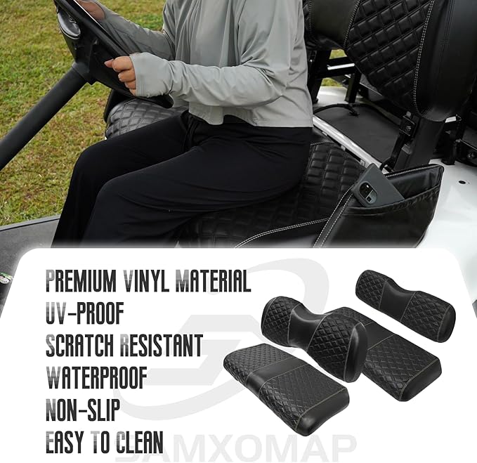 Golf Cart Seat Covers Front and Rear Waterproof and Sun Resistant Marine Grade Vinyl Leather Seat Cover Accessories for Yamaha Drive 2007-2016/Drive 2 2017+, Black(4PCS)