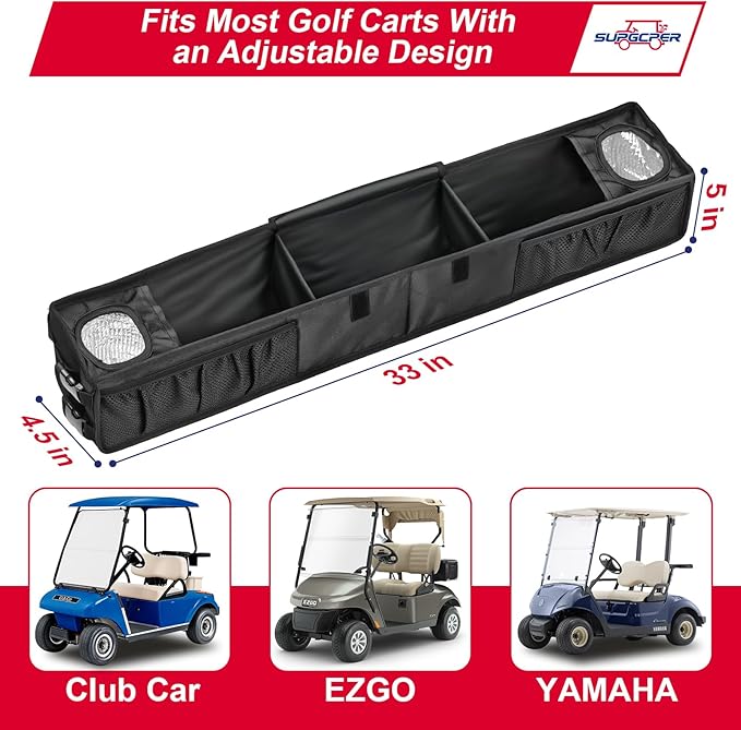 Golf Cart Front Storage Basket, No-Drilling Organizer Tray With Cooling Compartment & Insulated Cup Holders, Universal Storage Tray Fit for EZGO Club Car Yamaha Golf Carts (Black, 1680D Oxford Fabric)