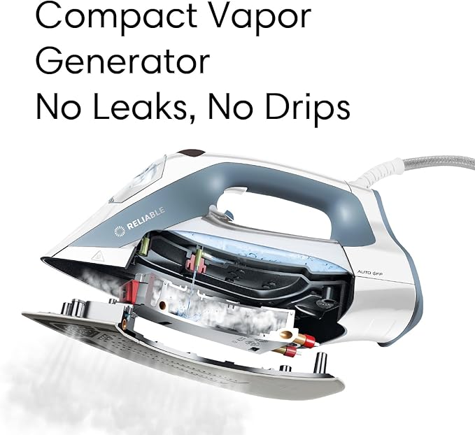 Reliable Velocity 180IR Steam Iron for Sewing, Quilting and Clothes, 1800W Compact Vapor Generator, Leak Free Continuous Steam, Variable Steam Dial, Ceramic Soleplate with Three Heat Settings
