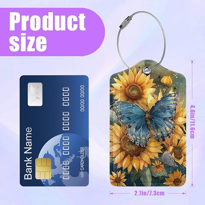 3 Pack Vintage Sunflowers Butterfly Luggage Tags for Suitcase PU Leather Travel Luggage Tag Privacy Cover ID Label for Women Men Baggage Backpack Handbag School Bag