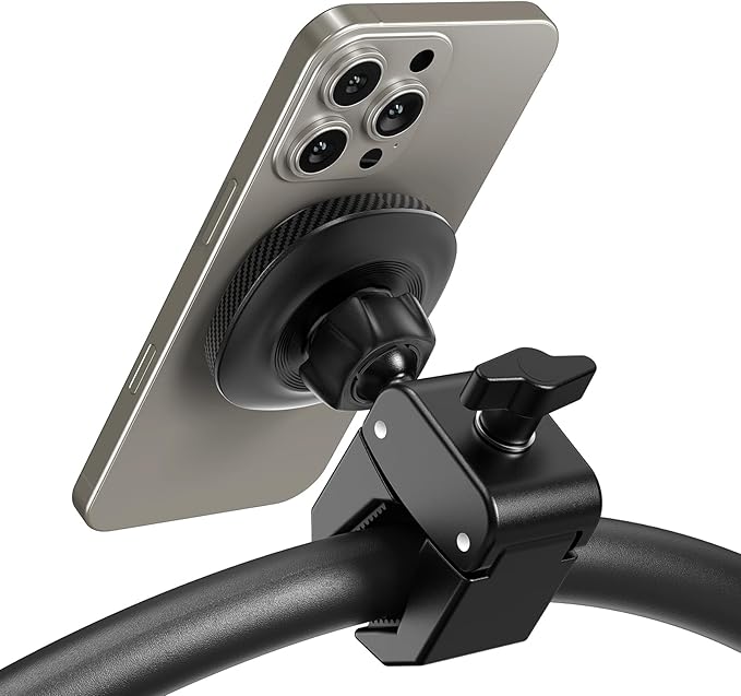 OQTIQ Phone Holder for Peloton Exercise Bike, Heavy-Duty Clamp & 17 N54 Strong Magnetic Phone Mount for Treadmill, Spin Bike, Golf Push Cart, Stroller, Fit for MagSafe iPhone 12-17 Series