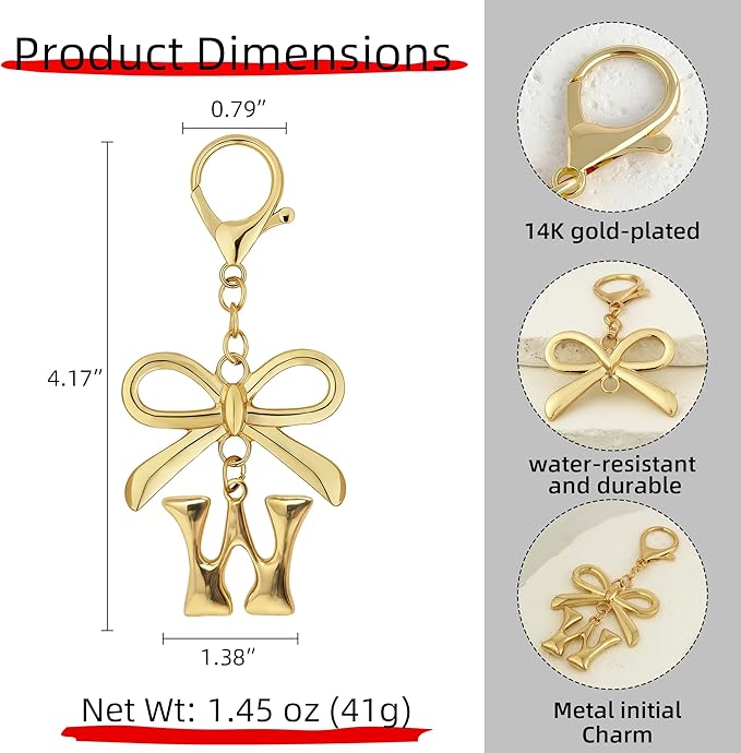 Gold Bubble Heart, Cherry, Bow & More Designs Letter Initial Keychain Bag Charms – Cute Purse Charms for Handbags