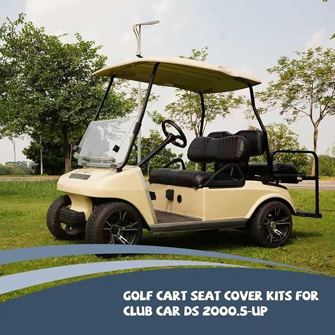 4PCS Golf Cart Diamond Seat Covers Kit, Fits Club Car DS 2000.5-up Golf Cart Vinyl Replacement Seat Cover （Black Stitching, No Stapler, Easy to Clean）