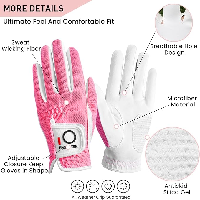 FINGER TEN Womens Golf Glove Right Handed Golfer Left Hand 1 Pack Golf Gloves Rain Grip Hot Wet All Weather Mesh for Women Girls Ladies Small Medium Large
